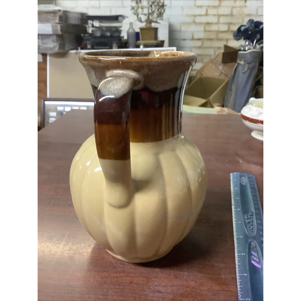 Vintage Drip Glaze Ceramic Pitcher Mid Century Retro Farmhouse Vase Brown Tan 7" - Picture 5 of 7